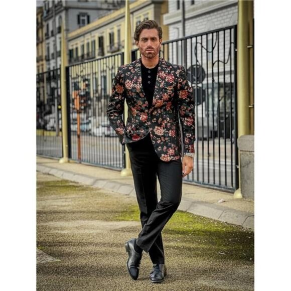 Mens Floral Tuxedo Jackets Slim Fit Suit Blazer Jacket for Dinner Prom Wedding - Picture 4 of 7